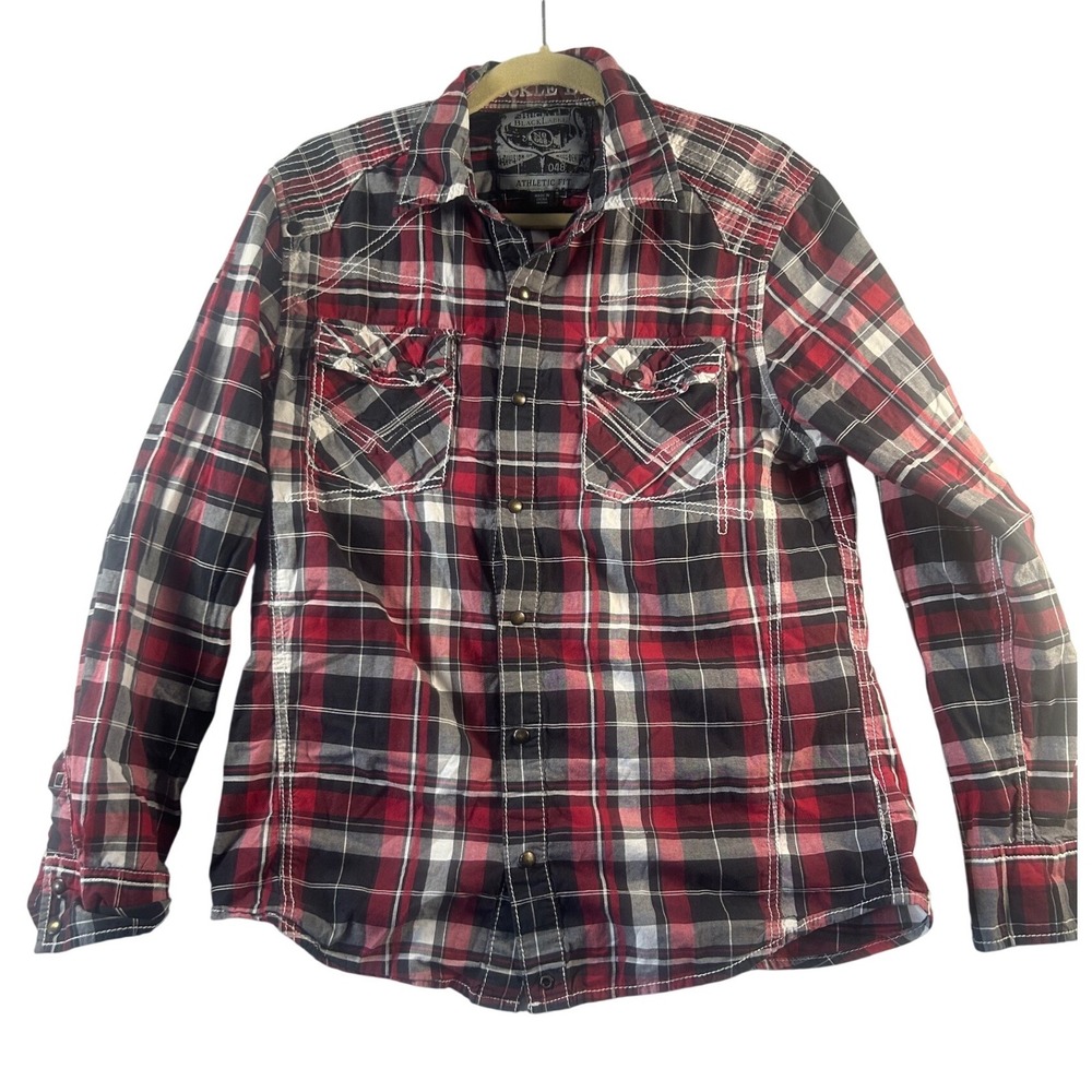 Buckle Black Label No 048‎ Mens Plaid Snap Front Western Shirt Red Black Medium
